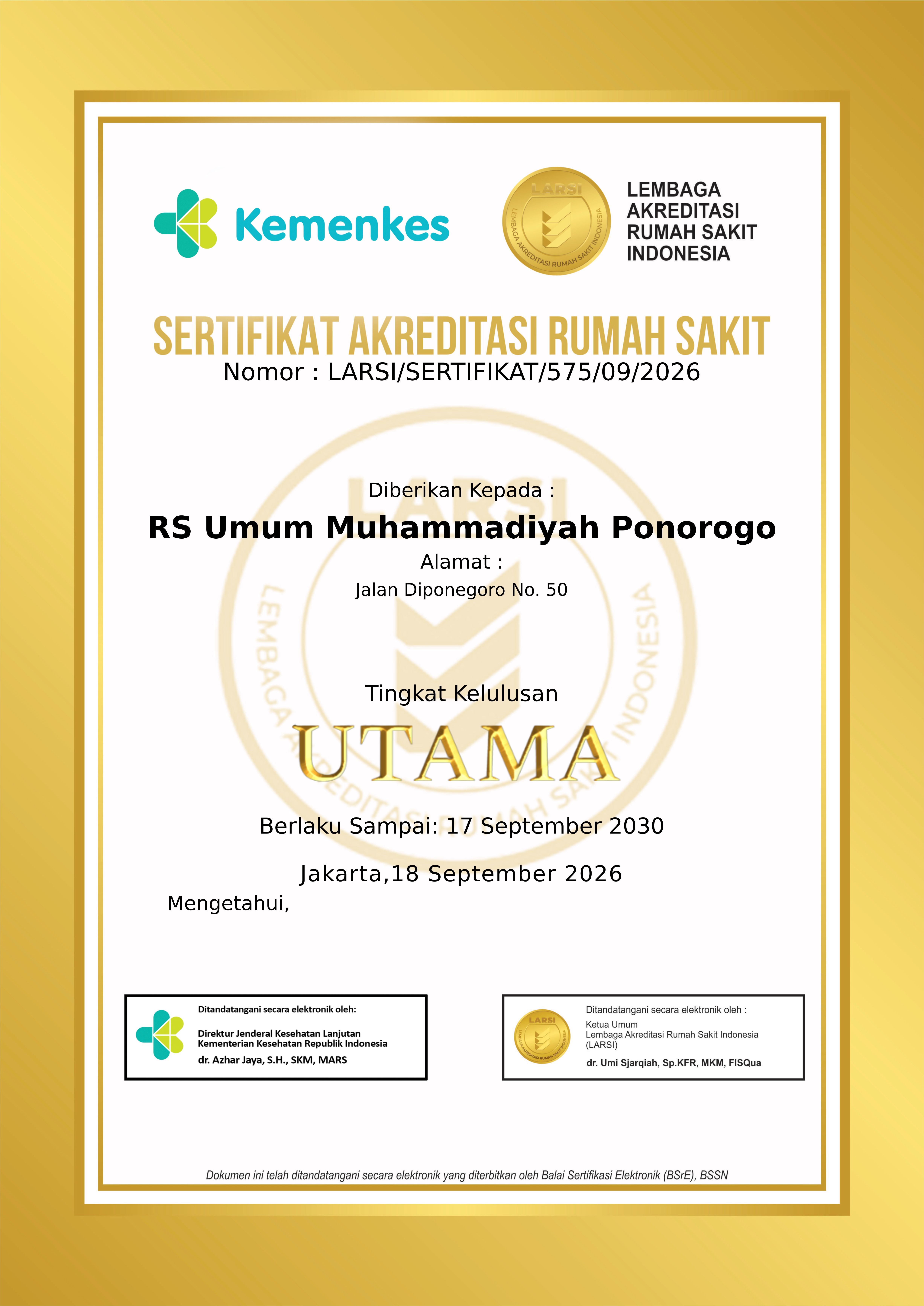 RSU Muhammadiyah Ponorogo LULUS AKREDITASI STARKES oleh LARSI dengan Predikat UTAMA